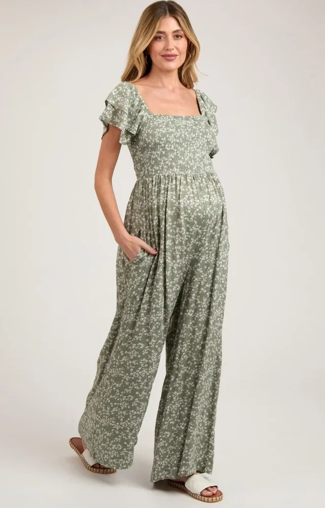 Green Floral Maternity Jumpsuit