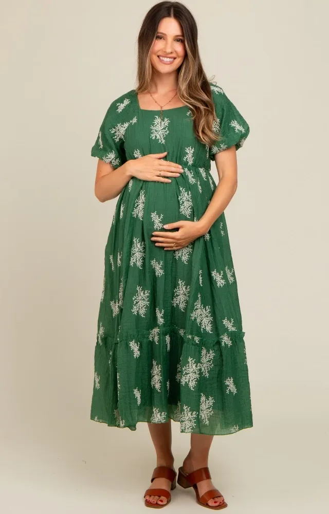 Green Floral Print Ruffle Hem Maternity Midi Dress