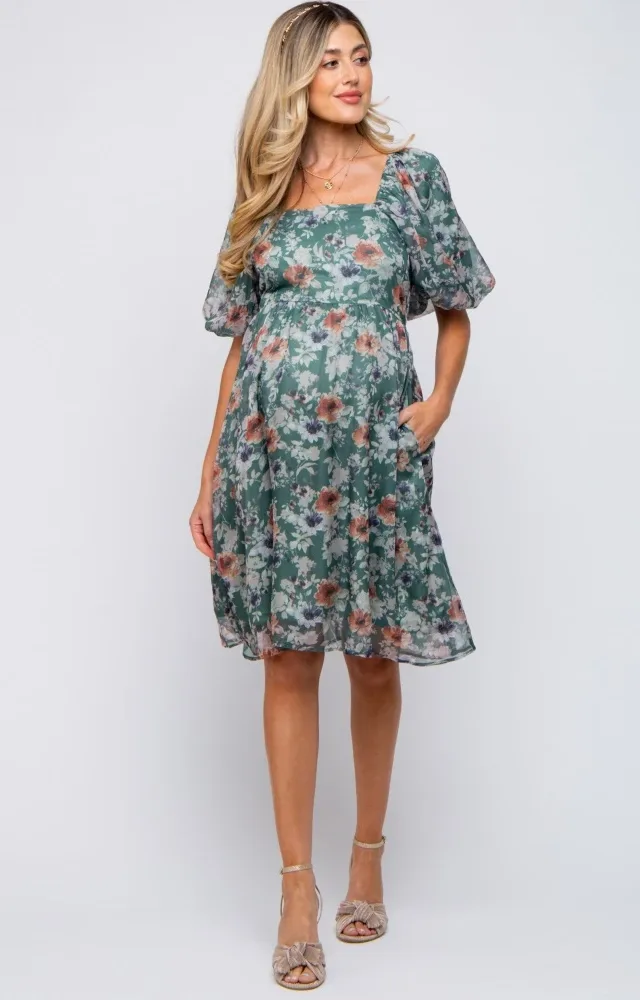 Green Floral Puff Sleeve Maternity Dress