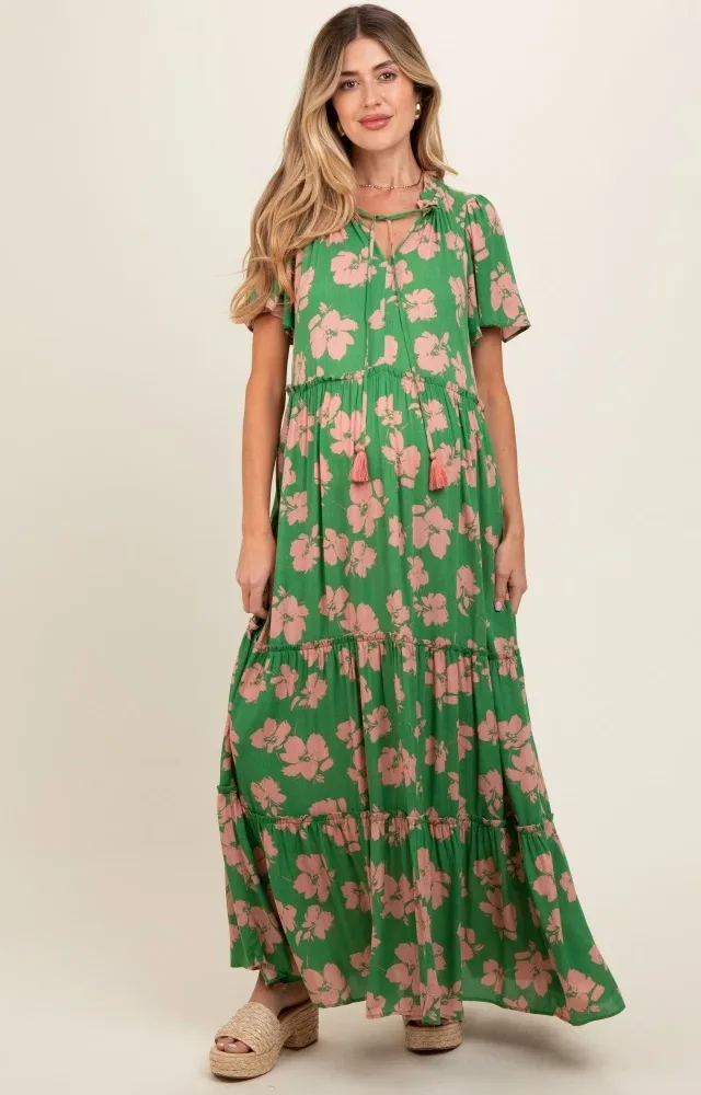 Green Floral Ruffle Neck Tiered Maternity Maxi Dress