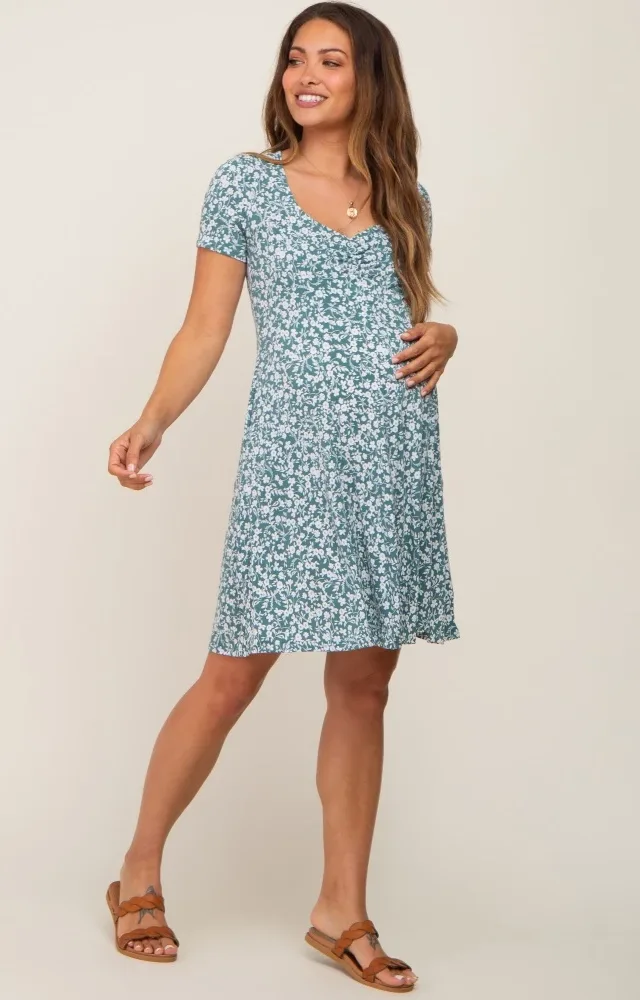 Green Floral Short Sleeve Maternity Dress