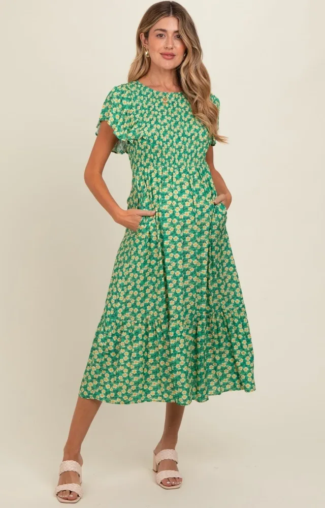 Green Floral Smocked Maternity Midi Dress