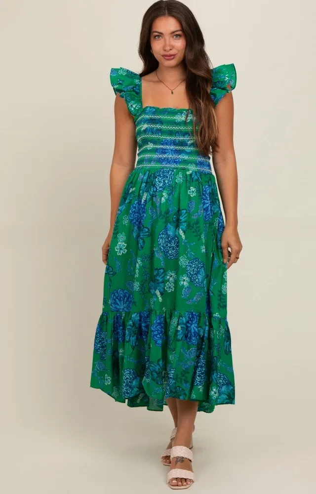 Green Floral Smocked Maternity Midi Dress