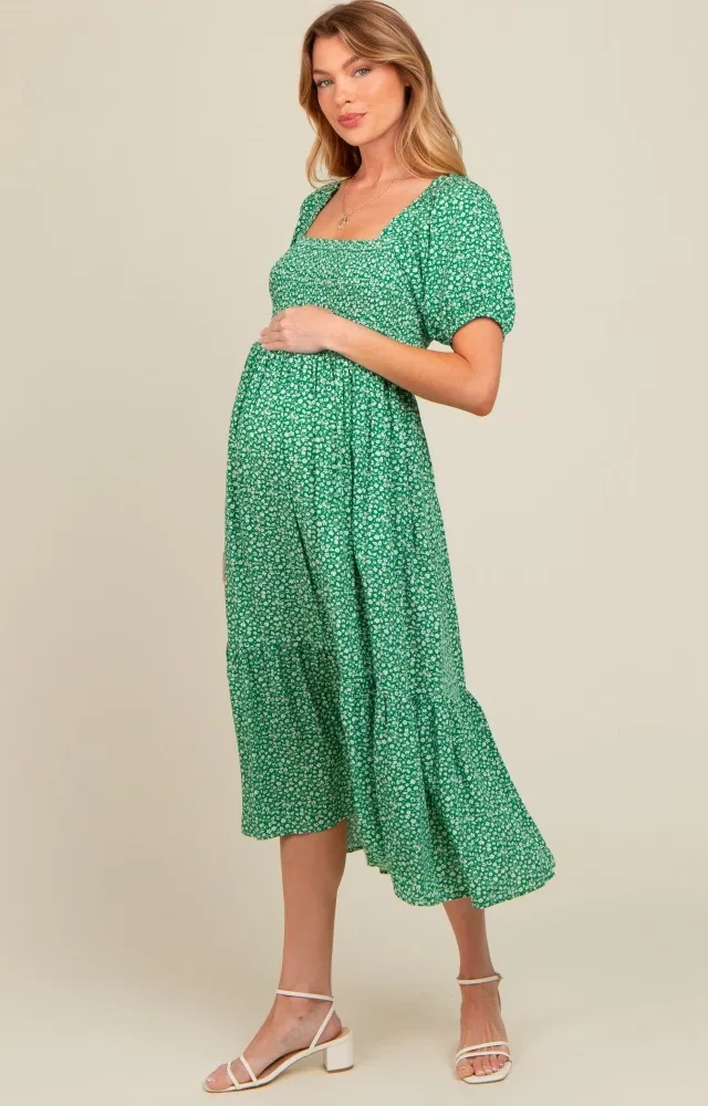 Green Floral Smocked Ruffle Hem Maternity Midi Dress