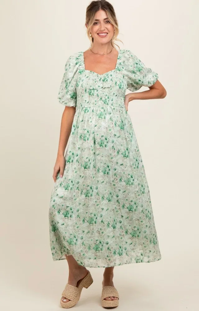 Green Floral Smocked Sweetheart Neck Short Puff Sleeve Maternity Midi Dress