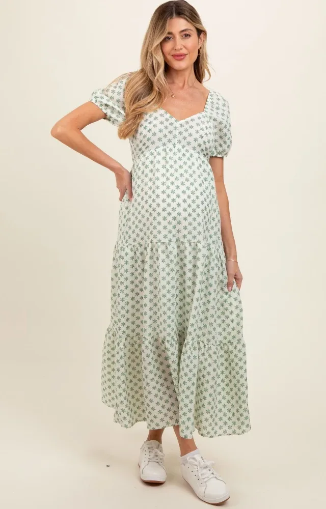 Green Floral Tiered Maternity Maxi Dress