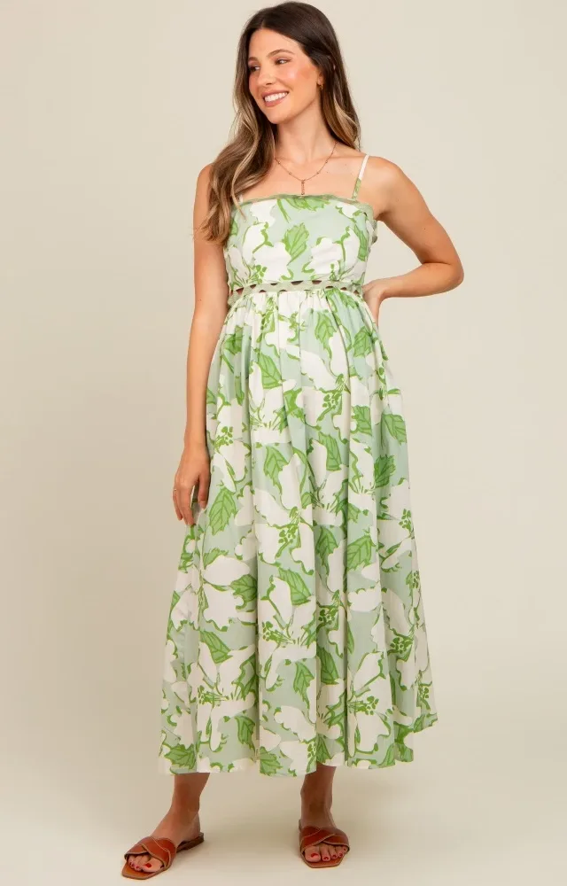 Green Floral Wave Trim Back Tie Maternity Midi Dress