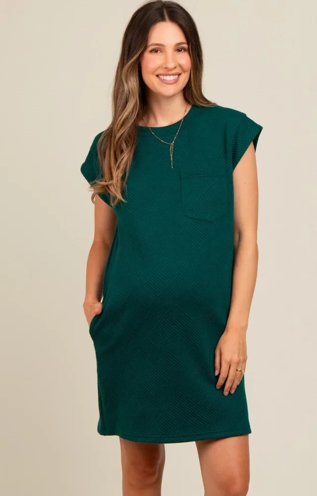 Green Front Pocket Line Textured Short Sleeve Maternity Dress