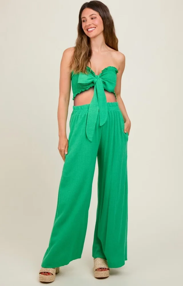 Green Front Tie Crop Top And Pant Maternity Set