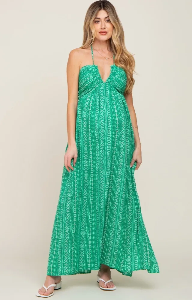 Green Halter Printed Side Slit Maternity Maxi Dress