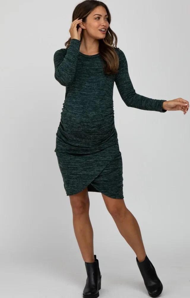 Green Heathered Ruched Tulip Hem Maternity Dress