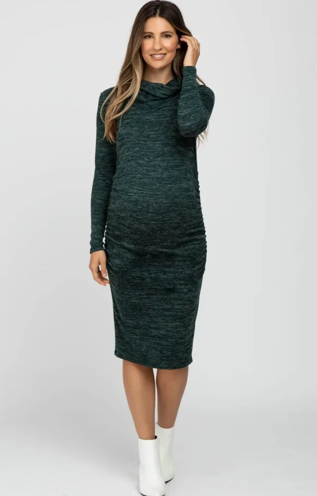 Green Knit Long Sleeve Cowl Neck Maternity Dress