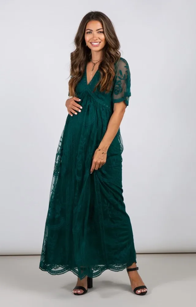 Green Lace Overlay Maternity Maxi Dress