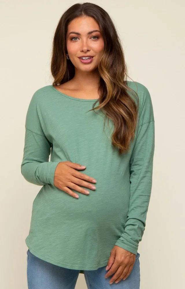 Green Long Sleeve Curved Hem Maternity Top