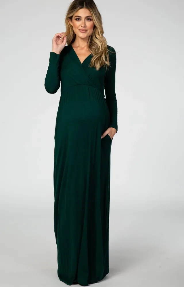 Green Long Sleeve Maternity Nursing Dress