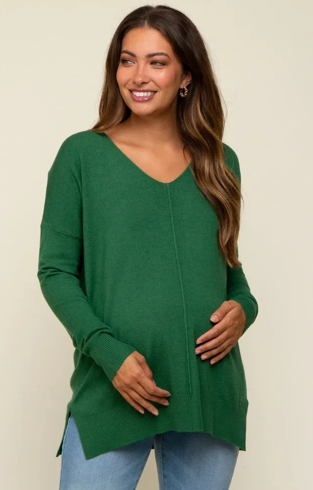 Green Long Sleeve Side Slit Maternity Sweater