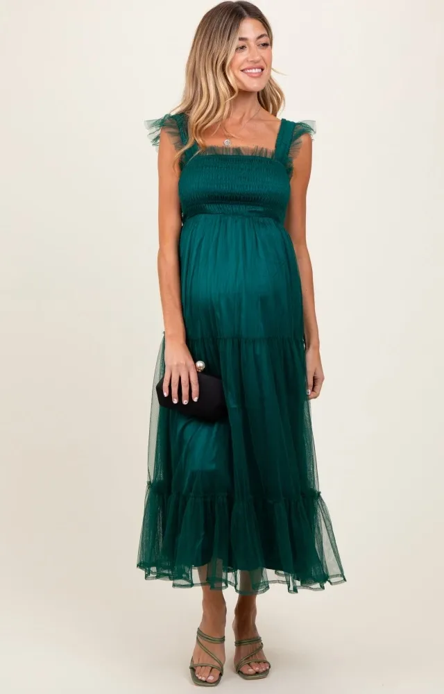 Green Mesh Overlay Smocked Maternity Midi Dress