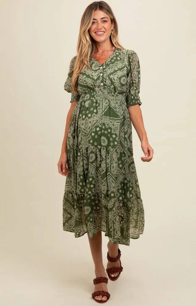 Green Paisley Button Front V-Neck Tiered Maternity Midi Dress