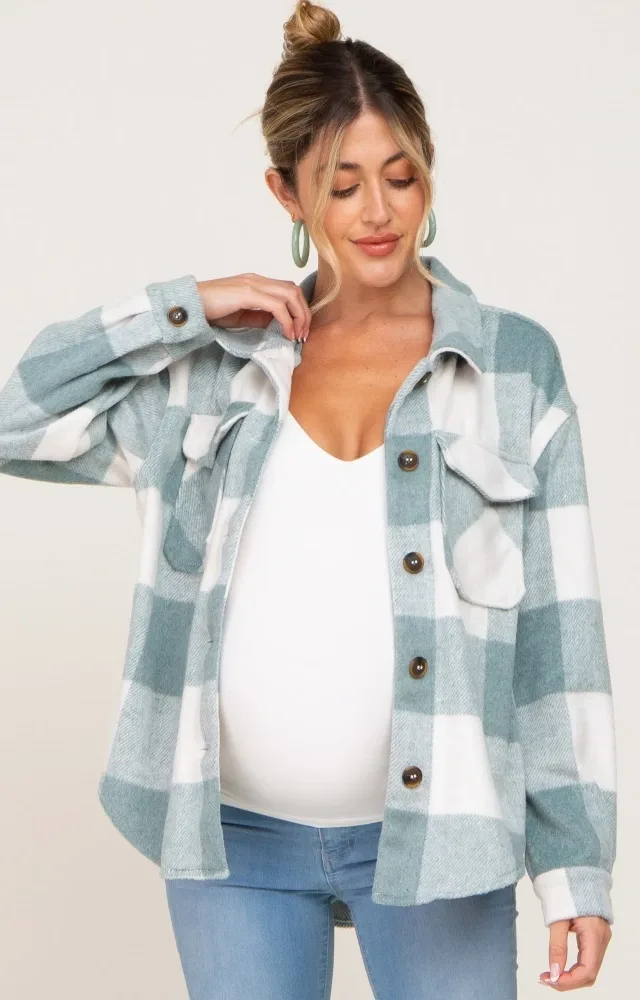 Green Plaid Knit Maternity Shirt Jacket