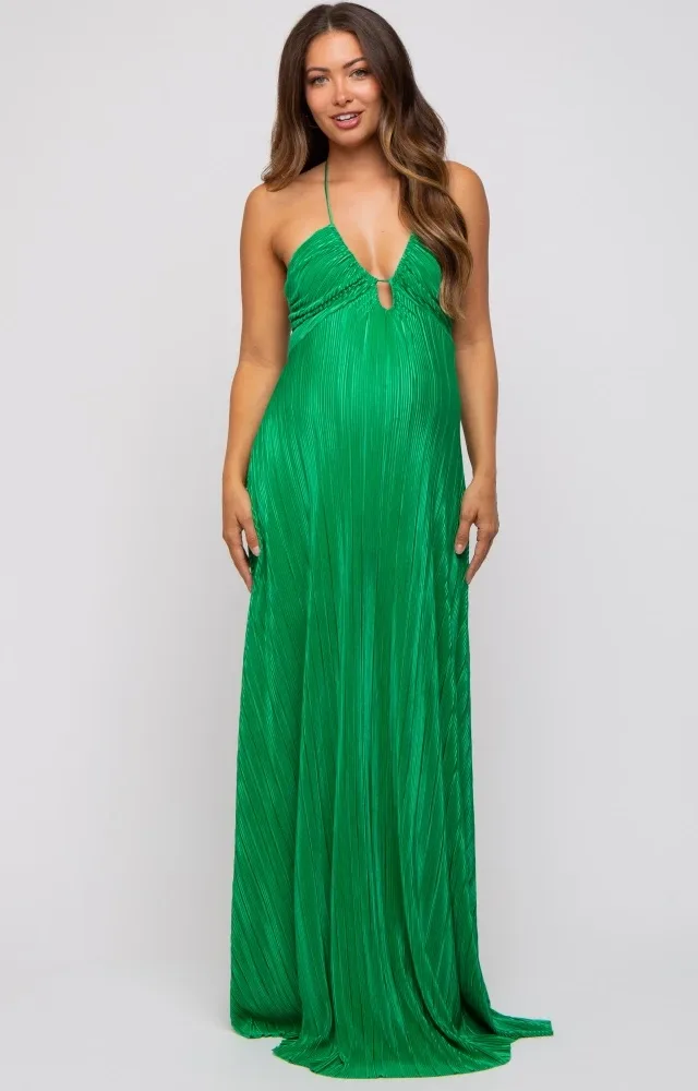 Green Plisse Halter Back Tie Maternity Maxi Dress