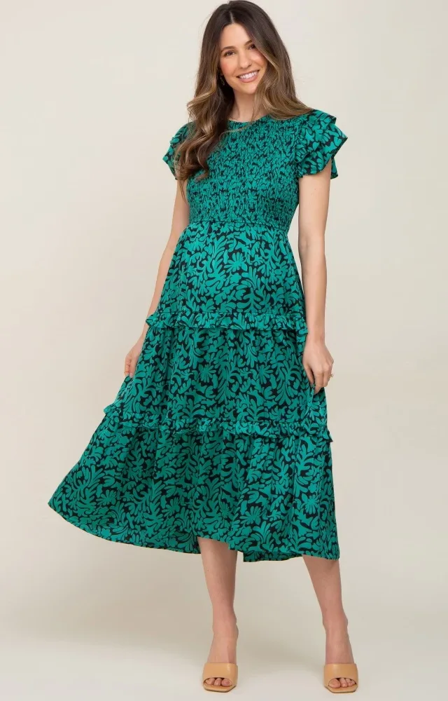 Green Print Smocked Ruffle Tiered Maternity Dress