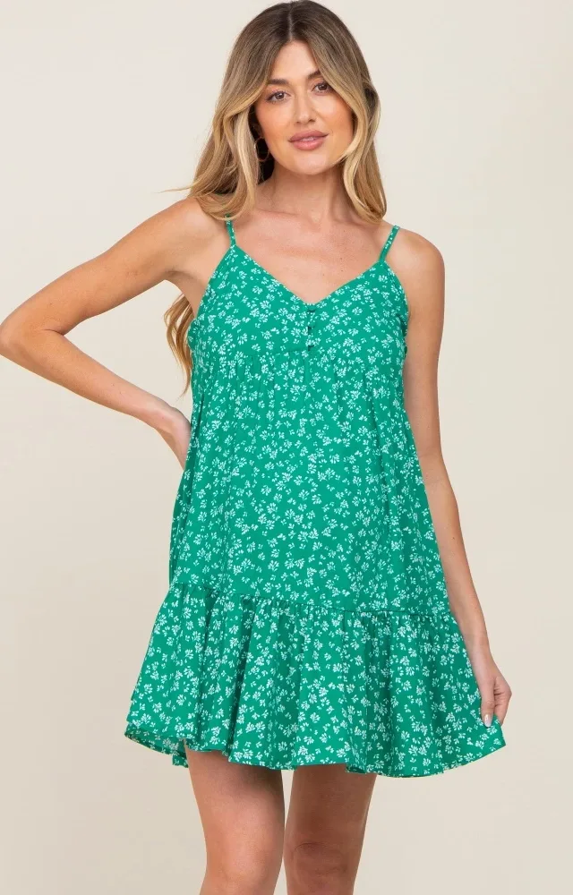 Green Print Tiered Maternity Dress