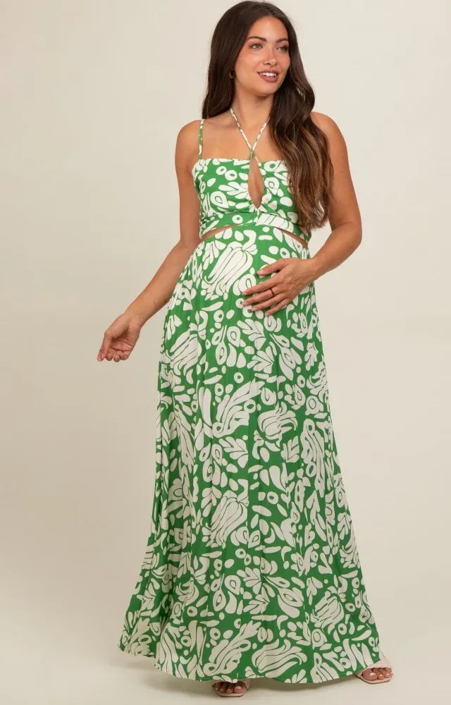 Green Printed Halter Cut-Out Maternity Maxi Dress