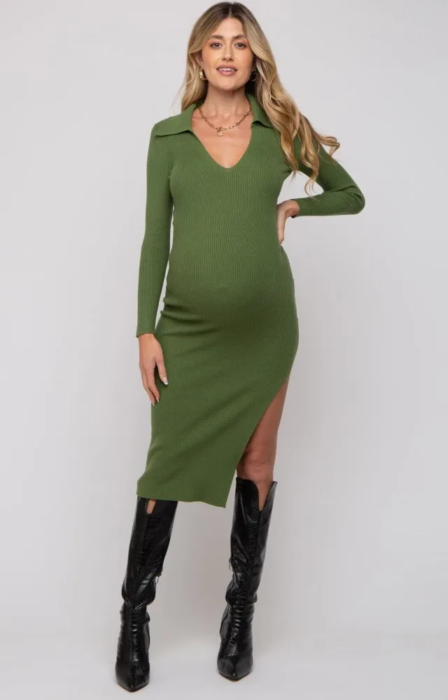 Green Ribbed Collared Fitted Side Slit Maternity Midi Dress