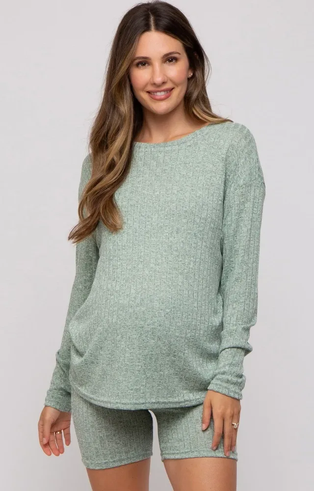 Green Ribbed Long Sleeve Maternity Shorts Set