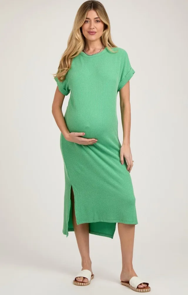 Green Ribbed Short Sleeve Maternity Midi Dress