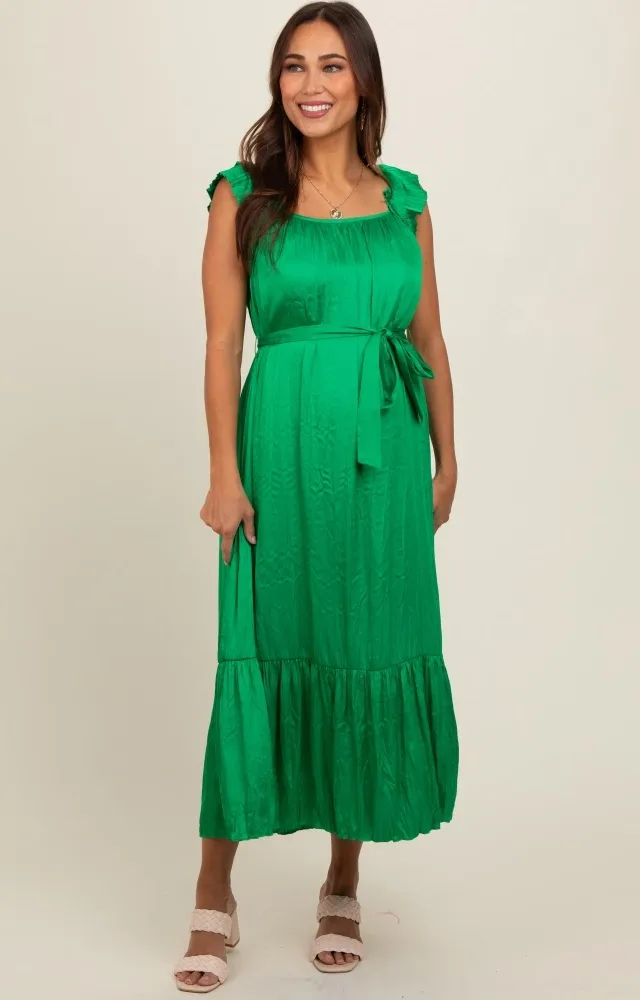 Green Ruffle Short Sleeve Self Tie Maternity Dress