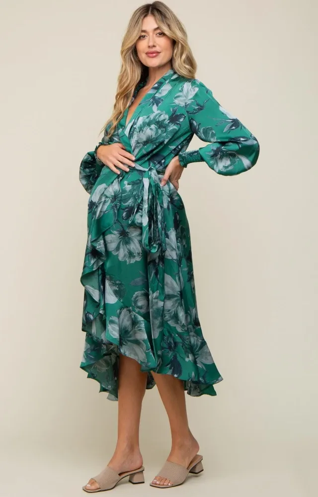 Green Satin Asymmetrical Flounce Trim Maternity Dress