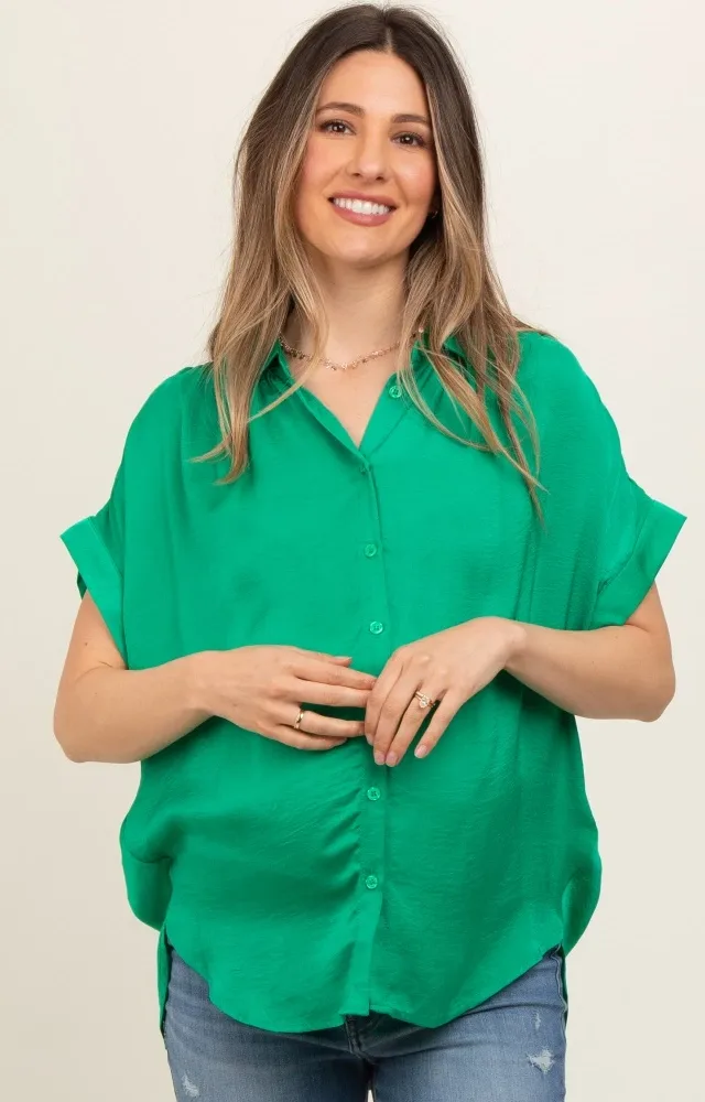 Green Satin Button Front Collared Short Sleeve Maternity Top