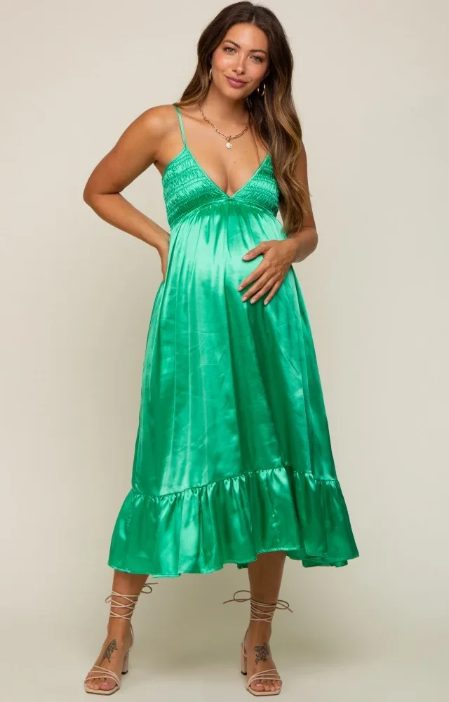 Green Satin Smocked V-Neck Maternity Midi Dress