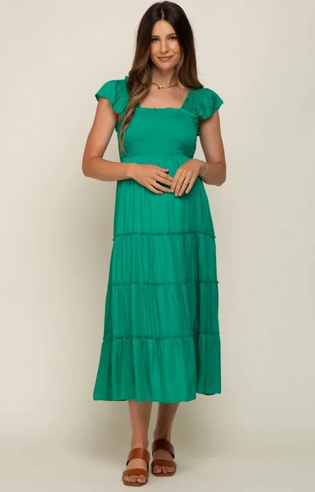 Green Satin Square Ruffle Neck Smocked Sleeveless Maternity Midi Dress