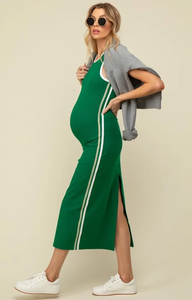 Green Sleeveless Contrasting Stripe Maternity Maxi Dress