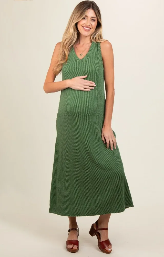 Green Sleeveless Ribbed Maternity Maxi Dress