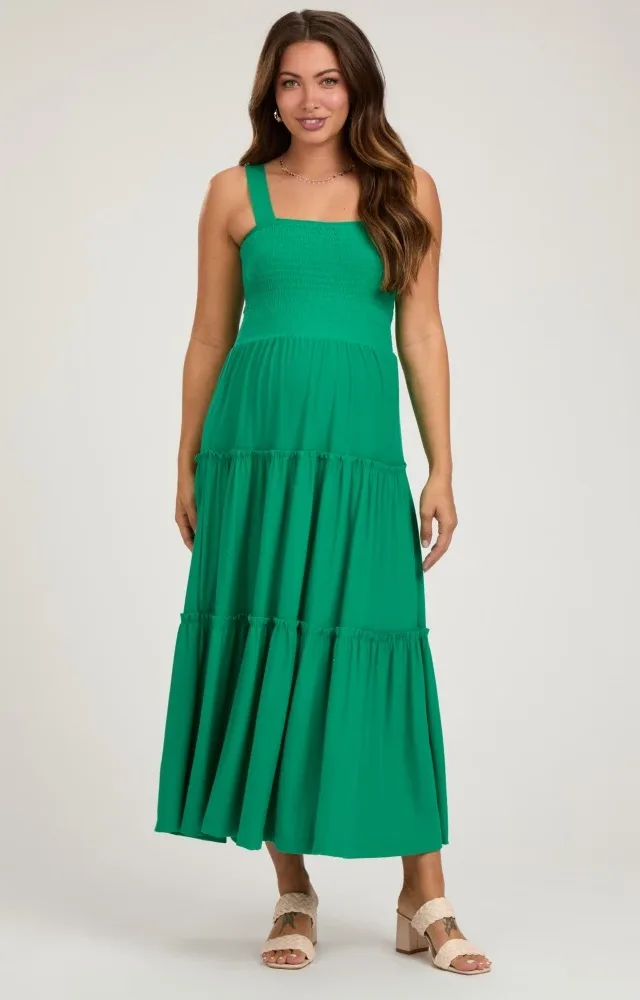 Green Sleeveless Tiered Maternity Maxi Dress