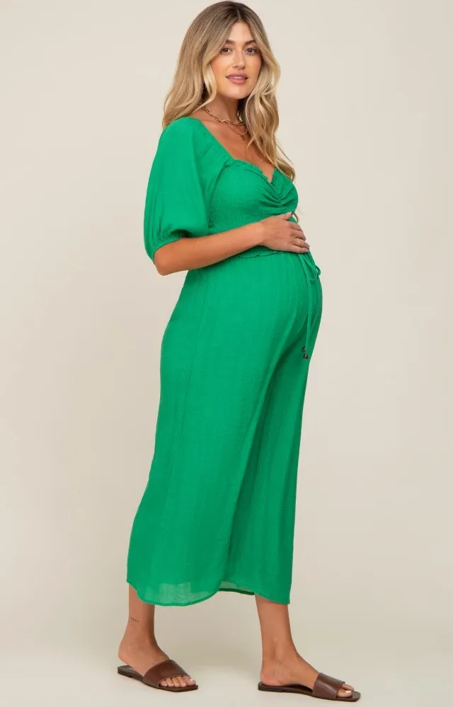 Green Smocked Drawstring Front Short Sleeve Maternity Jumpsuit