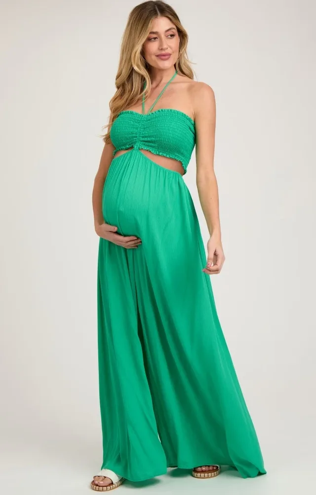 Green Smocked Drawstring Halter Side Cutout Maternity Jumpsuit