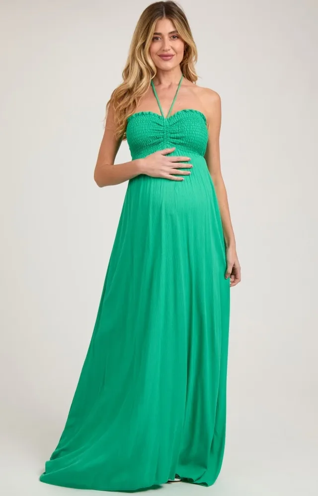 Green Smocked Halter Maternity Maxi Dress