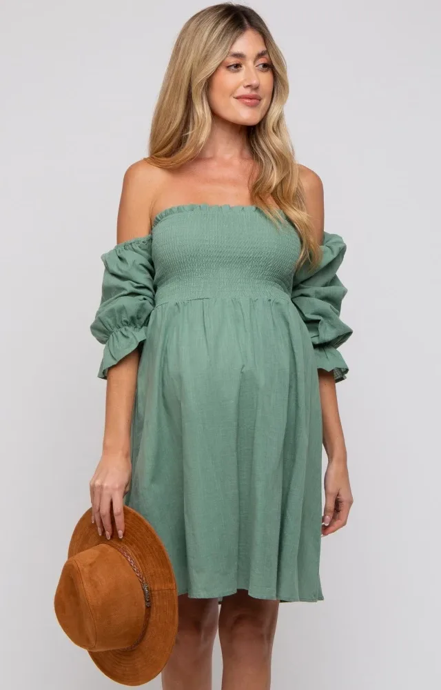 Green Smocked Off Shoulder Long Sleeve Maternity Dress