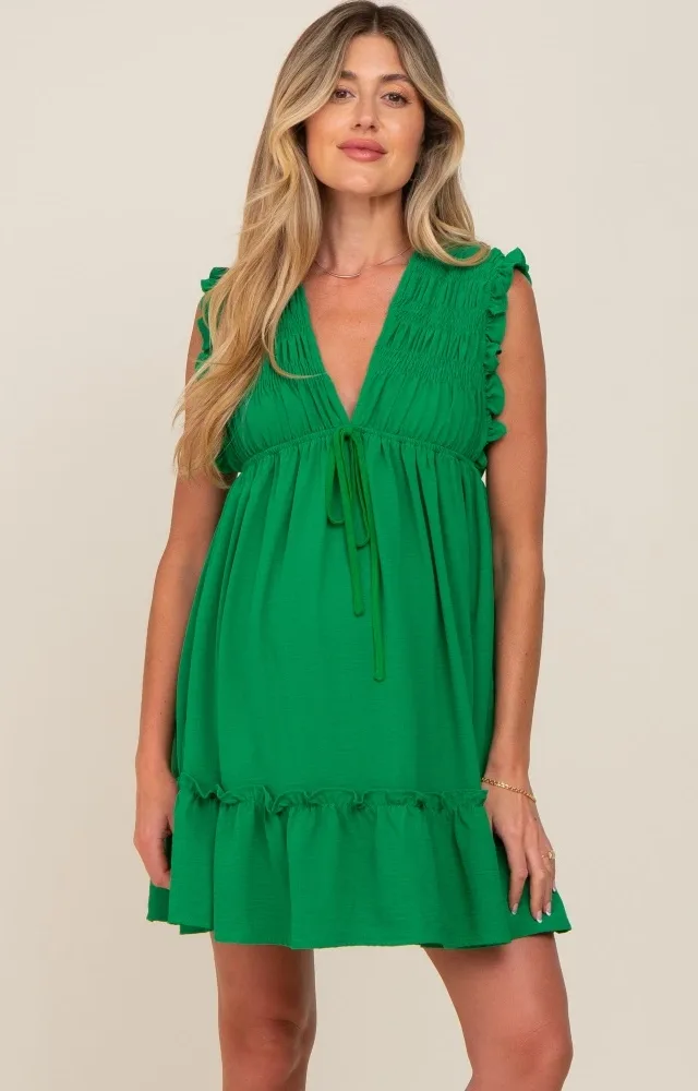 Green Smocked Ruffle Accent Maternity Dress