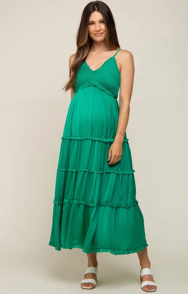 Green Smocked Ruffle Tiered Maternity Maxi Dress