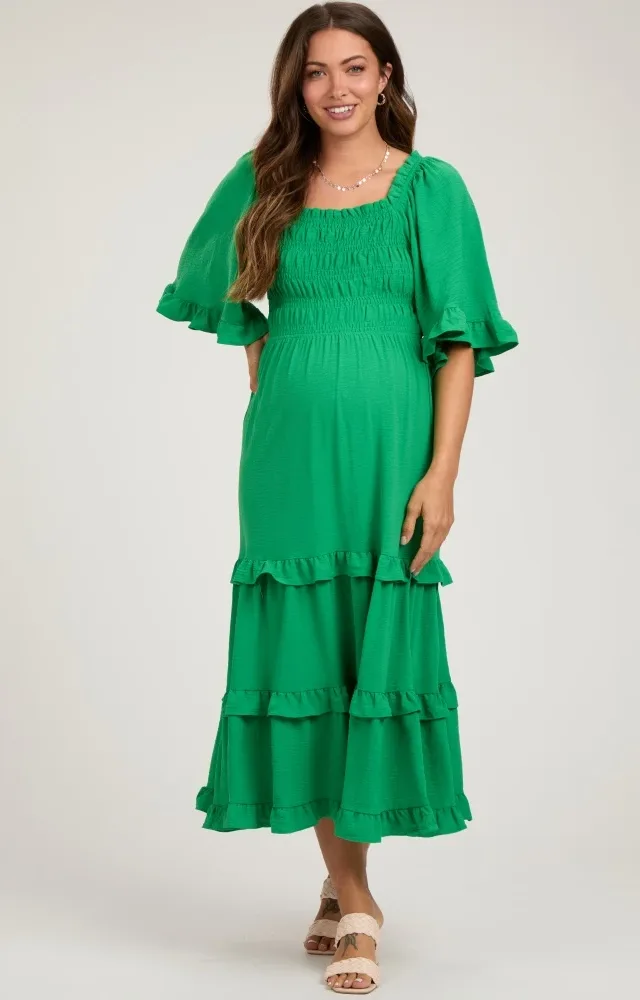 Green Smocked Ruffle Tiered Maternity Midi Dress