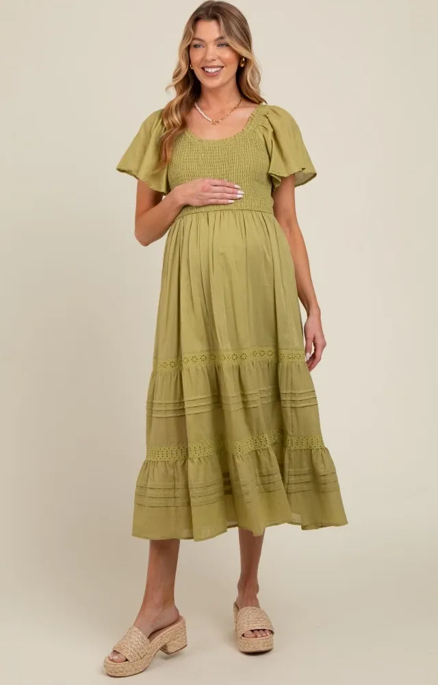 Green Smocked Short Sleeve Maternity Midi Dress