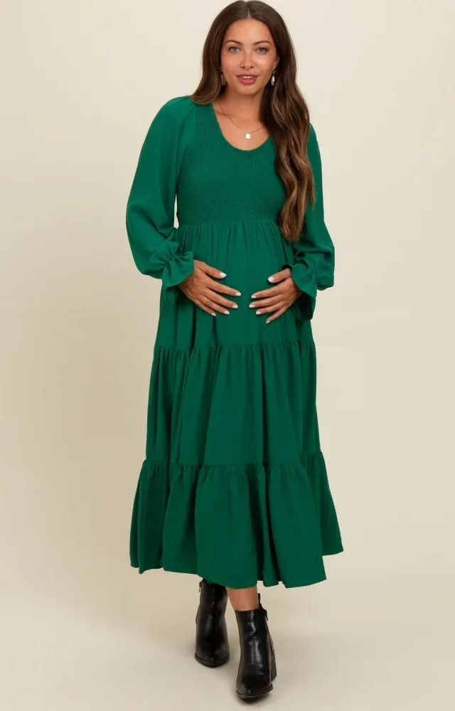 Green Smocked Tiered Long Sleeve Maternity Maxi Dress