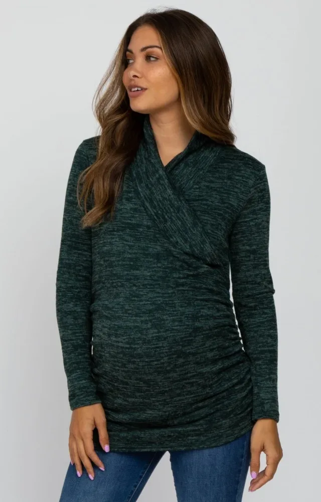 Green Soft Draped Wrap Maternity/Nursing Top