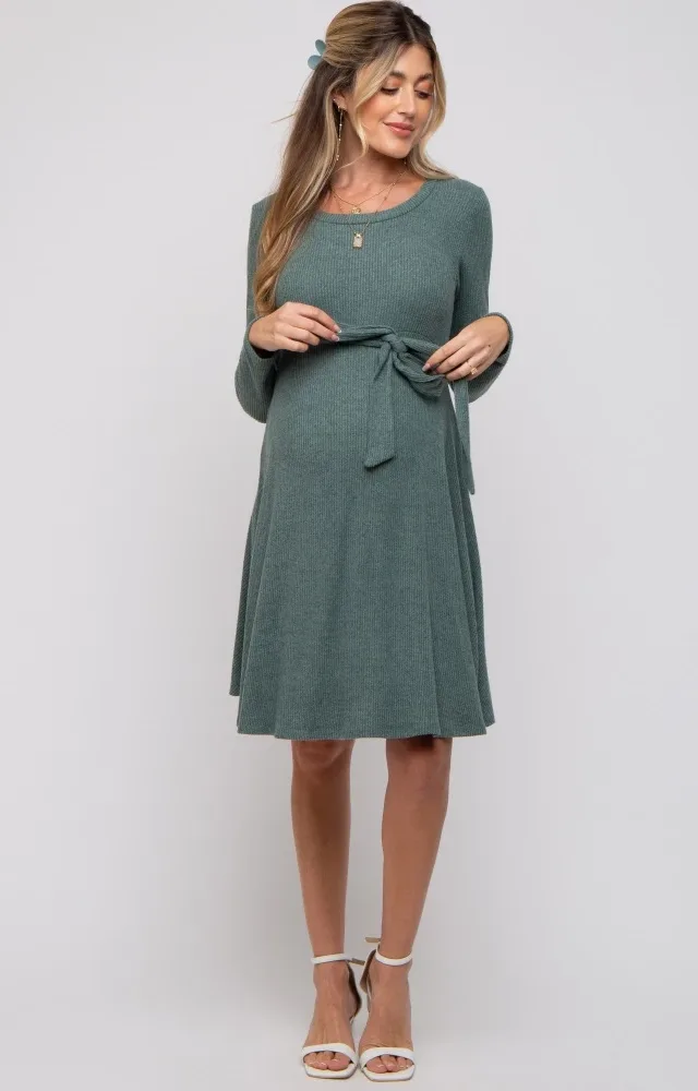 Green Soft Rib Knit Sash Tie Maternity Dress