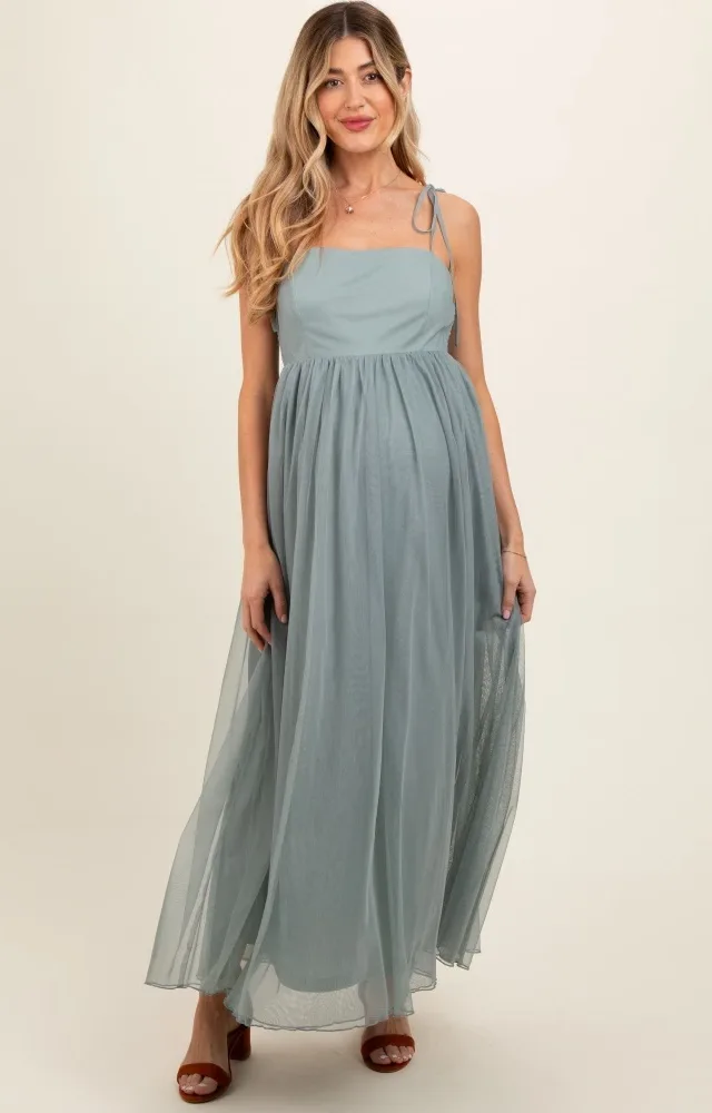 Green Square Neck Shoulder Tie Tulle Maternity Maxi Dress